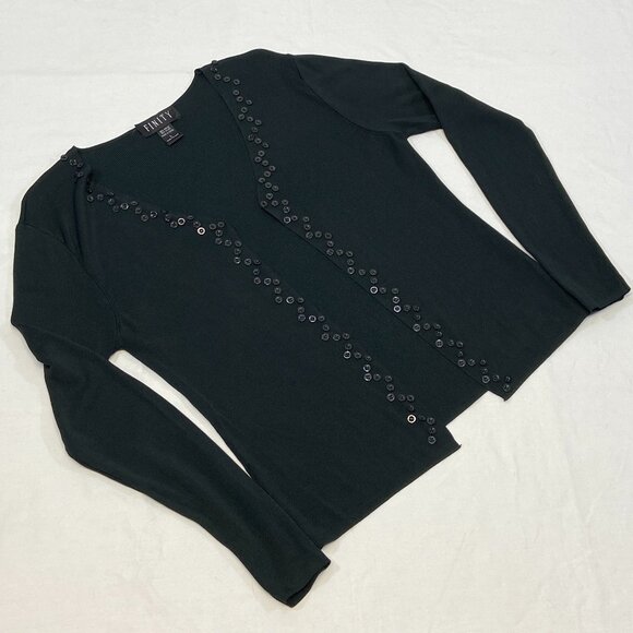 Finity Black Rib Knit Open Cardigan Sweater Long Sleeve V-Neck Button Accent L - Picture 8 of 12